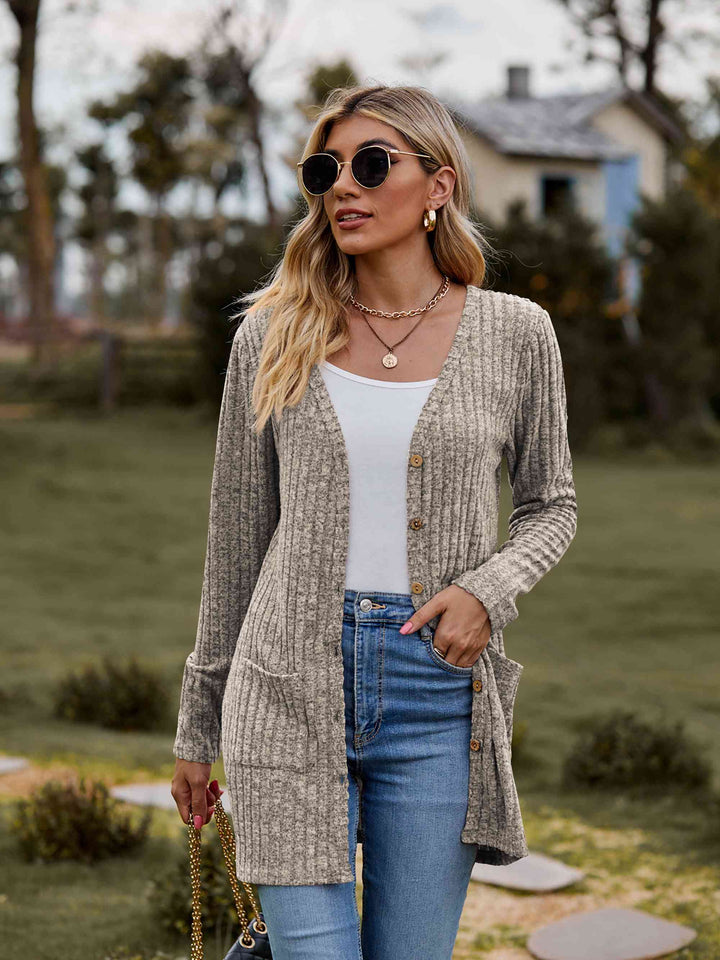 Double Take Ribbed Button-Up Cardigan with Pockets Khaki