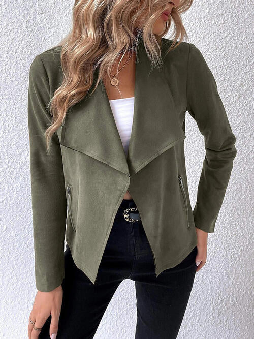 Collared Neck Long Sleeve Jacket Army Green