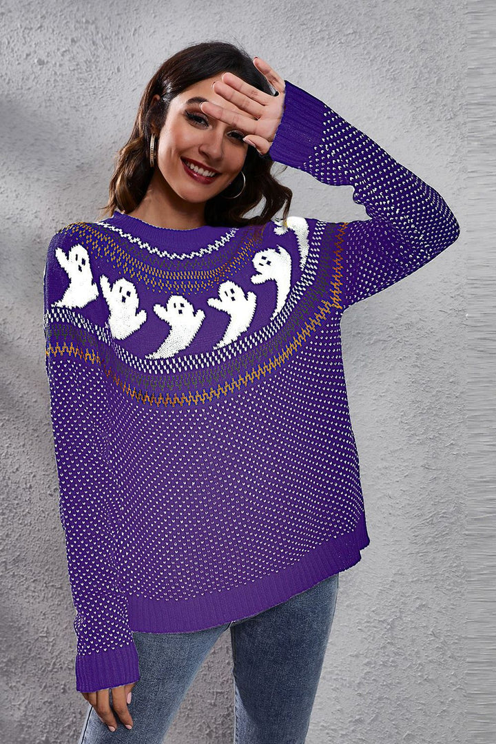 Ghost Pattern Round Neck Long Sleeve Sweater Light Indigo