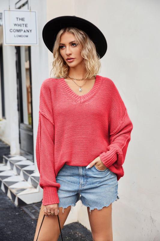Women's V-neck loose pullover sweater Red