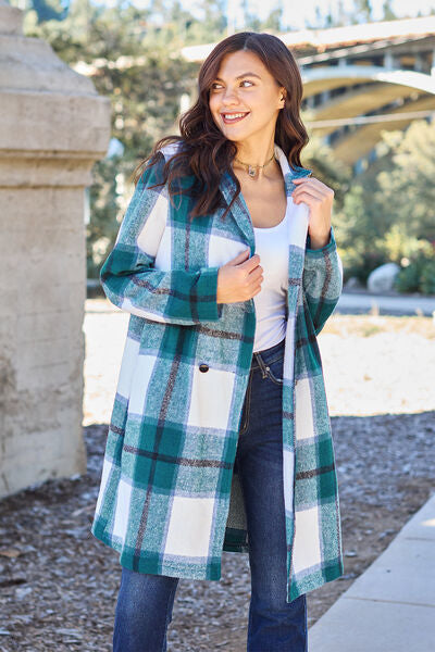 Double Take Full Size Plaid Button Up Lapel Collar Coat French Blue
