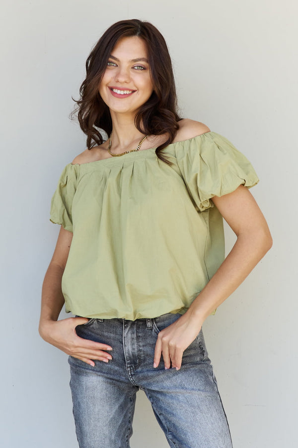 HEYSON Light The Way Off The Shoulder Puff Sleeve Blouse in Lime Mist Green