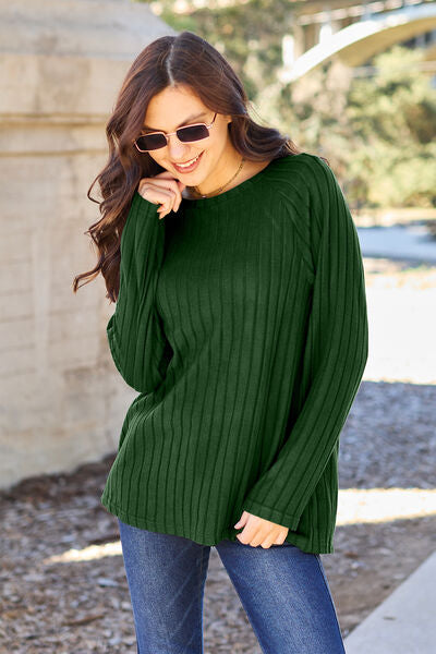Basic Bae Full Size Ribbed Round Neck Long Sleeve Knit Top Green
