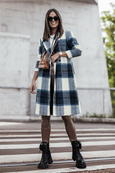 Double Take Full Size Plaid Button Up Lapel Collar Coat Peacock Blue
