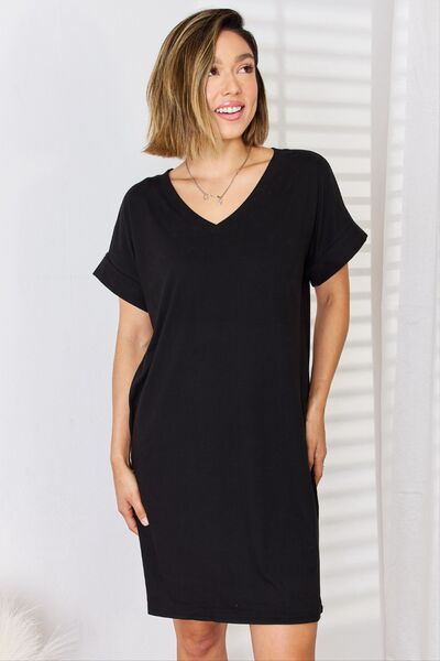 Zenana Full Size Rolled Short Sleeve V-Neck Dress Black