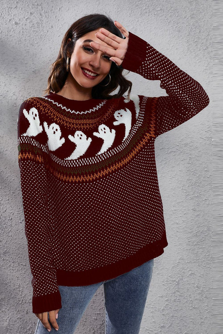 Ghost Pattern Round Neck Long Sleeve Sweater Wine