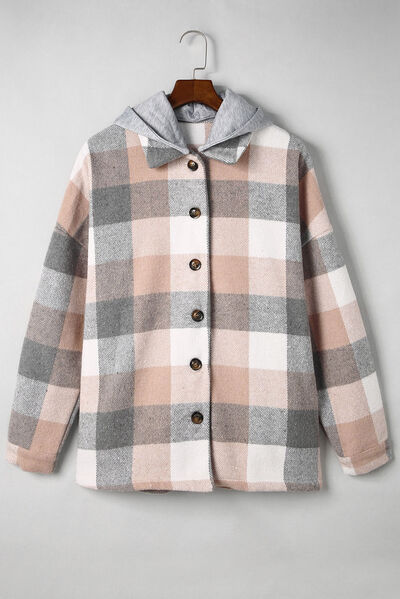 Button Up Plaid Hooded Jacket Beige