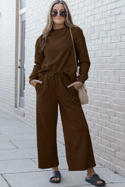Double Take Full Size Textured Long Sleeve Top and Drawstring Pants Set Chestnut