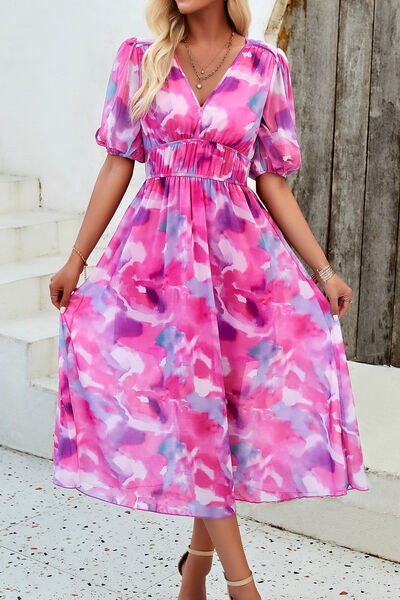 Smocked Printed V-Neck Short Sleeve Dress Hot Pink