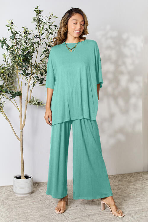 Double Take Full Size Round Neck Slit Top and Pants Set Turquoise
