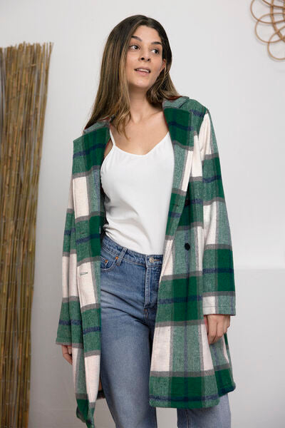 Double Take Full Size Plaid Button Up Lapel Collar Coat Green