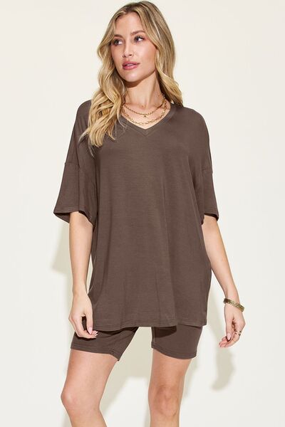 Basic Bae Full Size V-Neck Drop Shoulder Short Sleeve T-Shirt and Shorts Set Chocolate