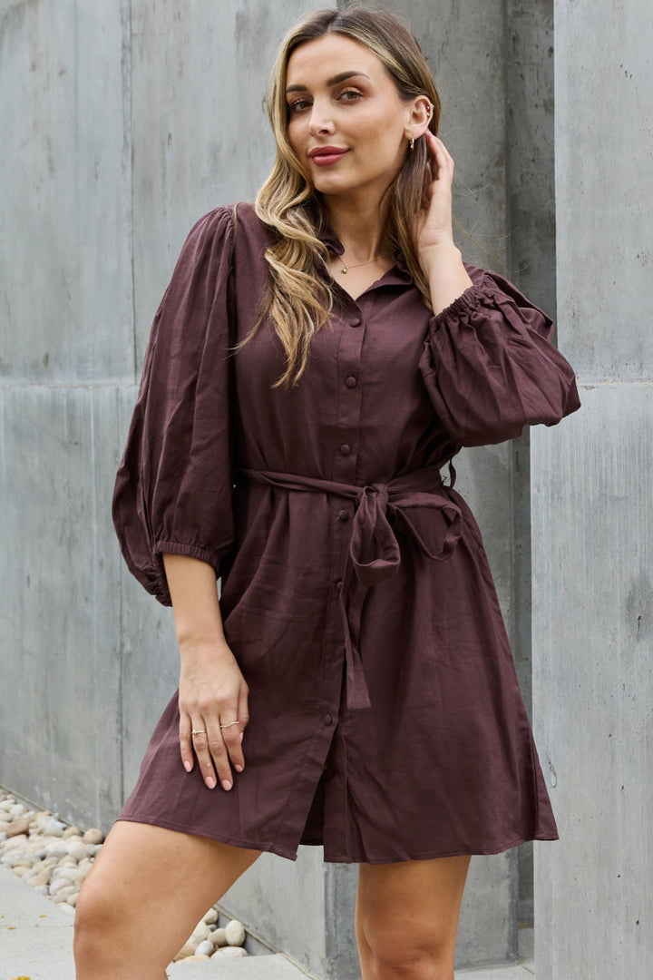 Jade By Jane Hello Darling Full Size Half Sleeve Belted Mini Dress in Charcoal Burnt Umber