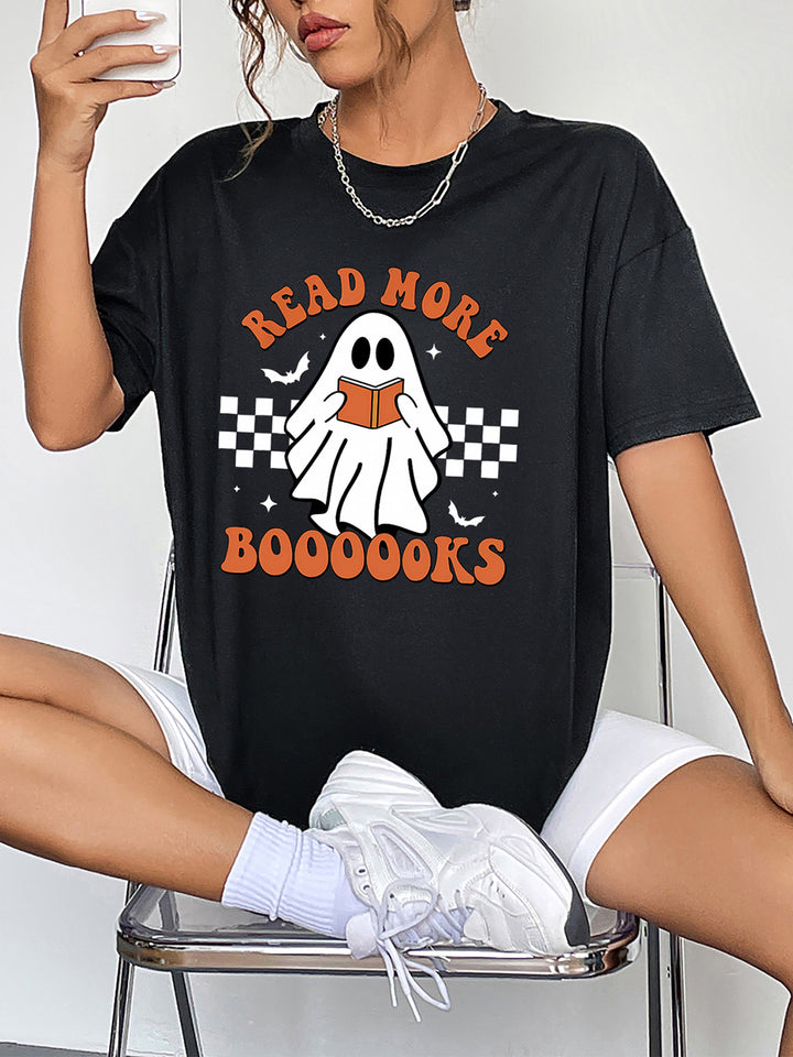 Round Neck Short Sleeve Ghost Graphic T-Shirt Black