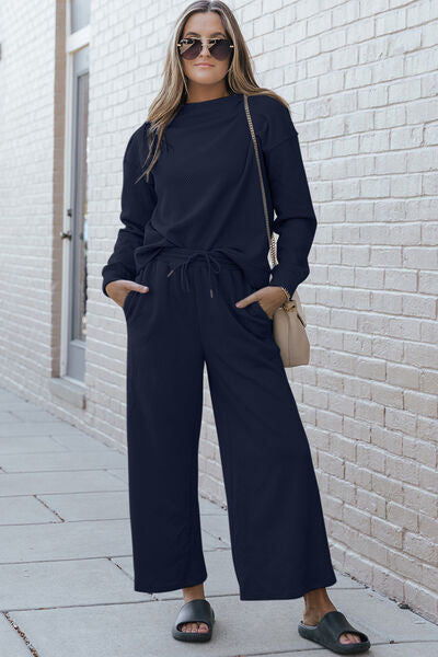 Double Take Full Size Textured Long Sleeve Top and Drawstring Pants Set Navy