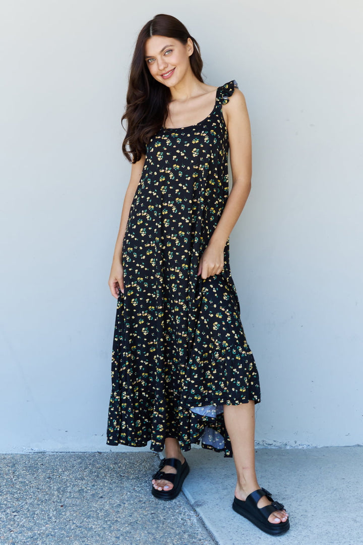 Doublju In The Garden Ruffle Floral Maxi Dress in Black Yellow Floral Floral