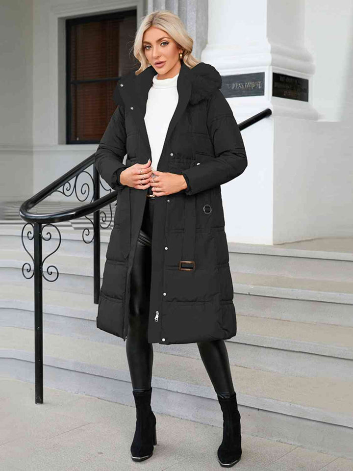 Longline Hooded Winter Coat with Pockets Black