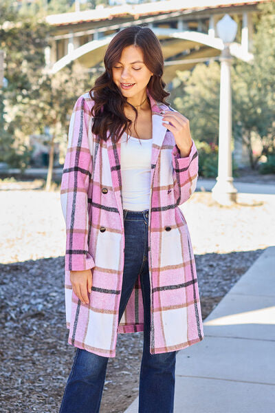 Double Take Full Size Plaid Button Up Lapel Collar Coat Carnation Pink