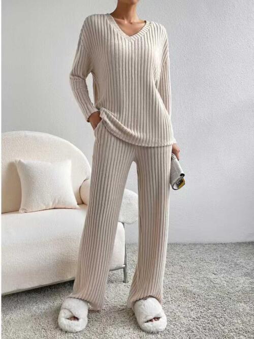 Ribbed V-Neck Long Sleeve Top and Pants Set Dust Storm