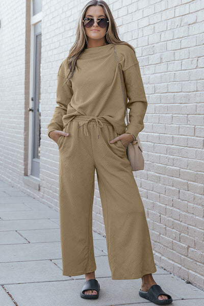 Double Take Full Size Textured Long Sleeve Top and Drawstring Pants Set Tan