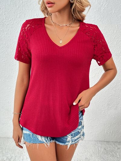 Lace Detail V-Neck Short Sleeve T-Shirt Scarlet