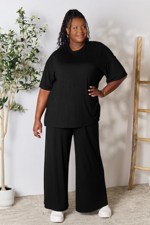 Double Take Full Size Round Neck Slit Top and Pants Set Black