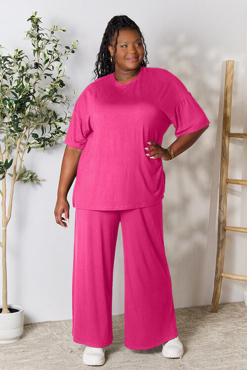 Double Take Full Size Round Neck Slit Top and Pants Set Hot Pink