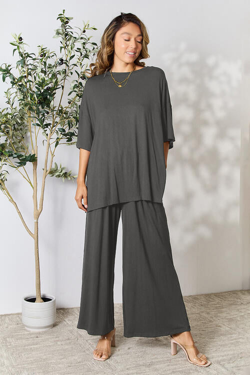Double Take Full Size Round Neck Slit Top and Pants Set Charcoal