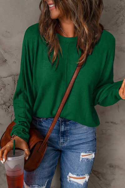 Double Take Full Size Round Neck Long Sleeve T-Shirt Green