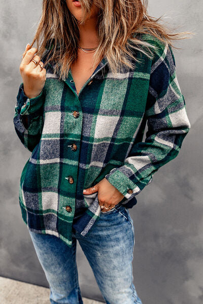 Button Up Plaid Hooded Jacket Green