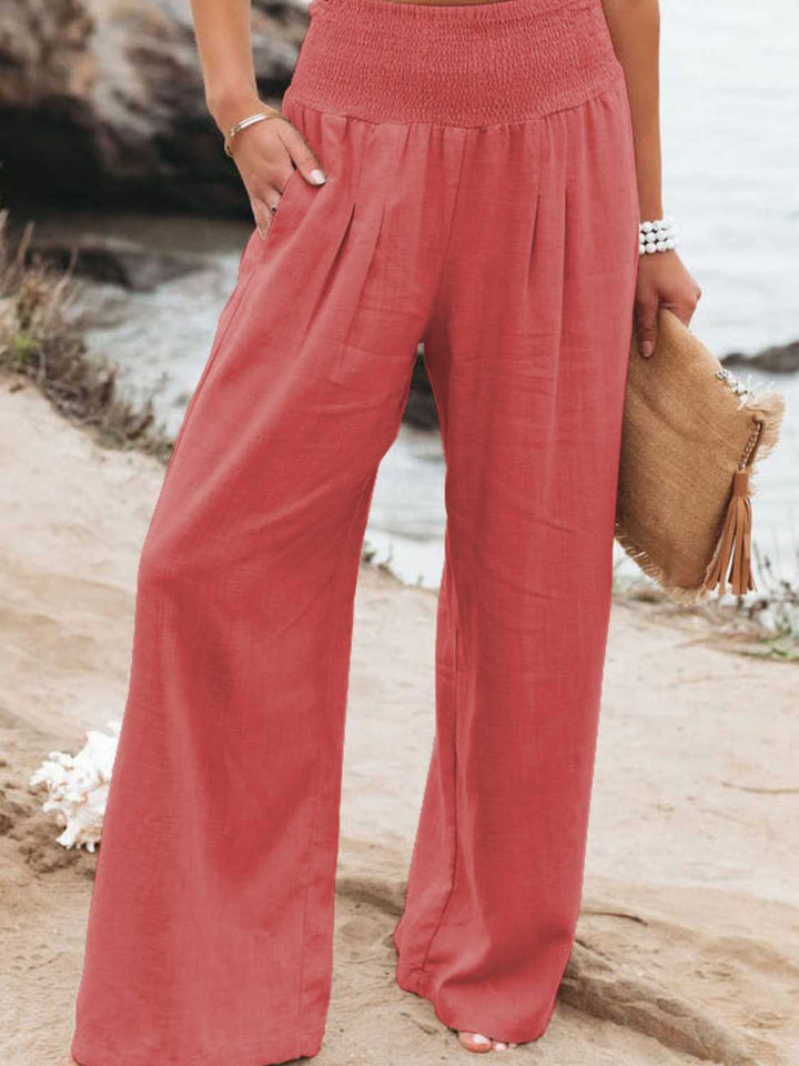 Full Size Smocked Waist Wide Leg Pants Coral