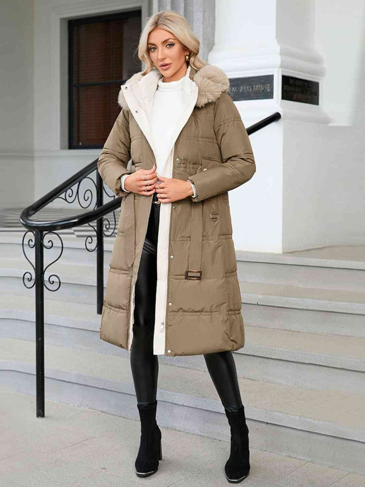 Longline Hooded Winter Coat with Pockets Camel