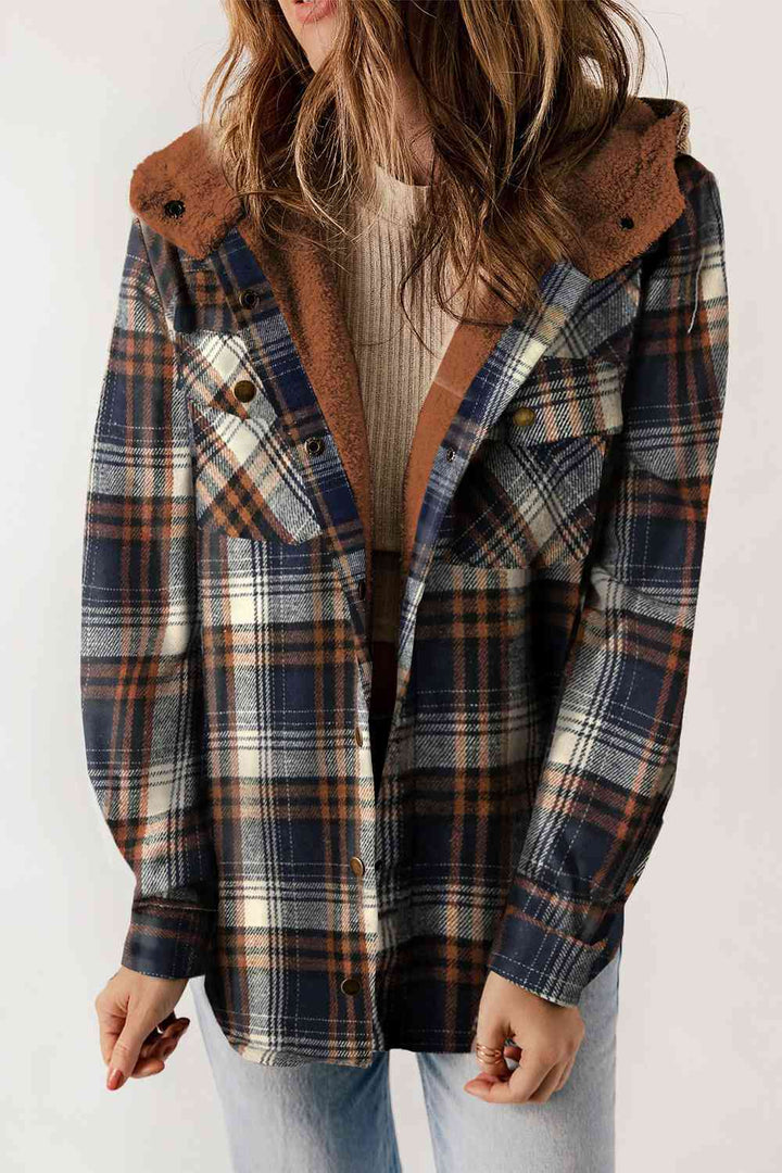 Plaid Snap Down Hooded Jacket Navy