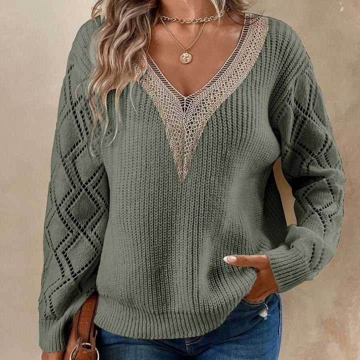 V-neck loose casual pullover women's sweater Green