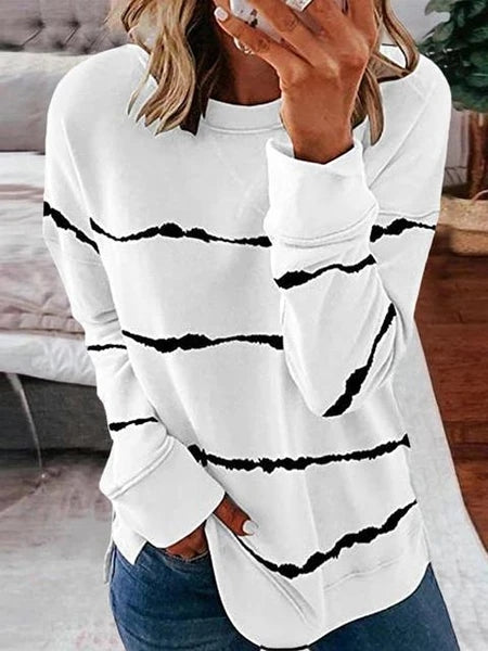 Striped Round Neck Sweatshirt White