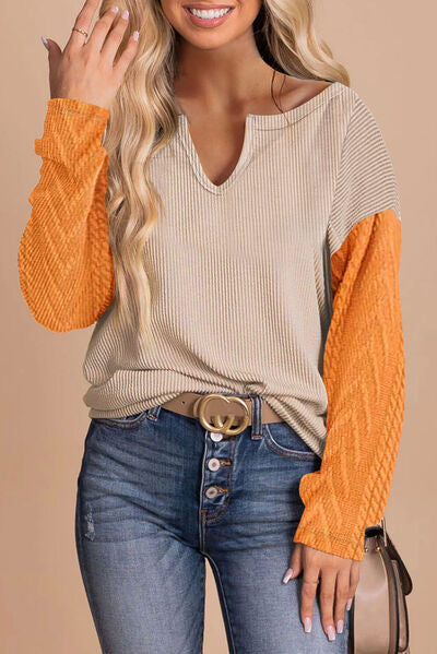 Contrast Notched Long Sleeve Blouse Dust Storm