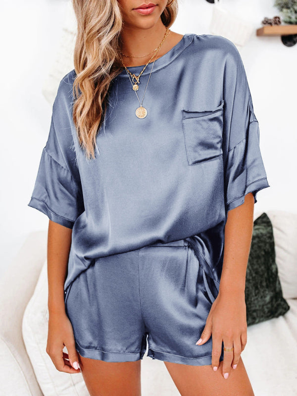 Women's satin pajamas home service short-sleeved shorts irregular two-piece set Blue-gray