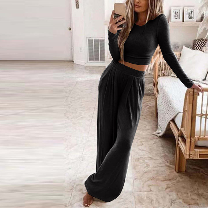 Women's Solid Color Knitted Casual Home Two-Piece Suit Black