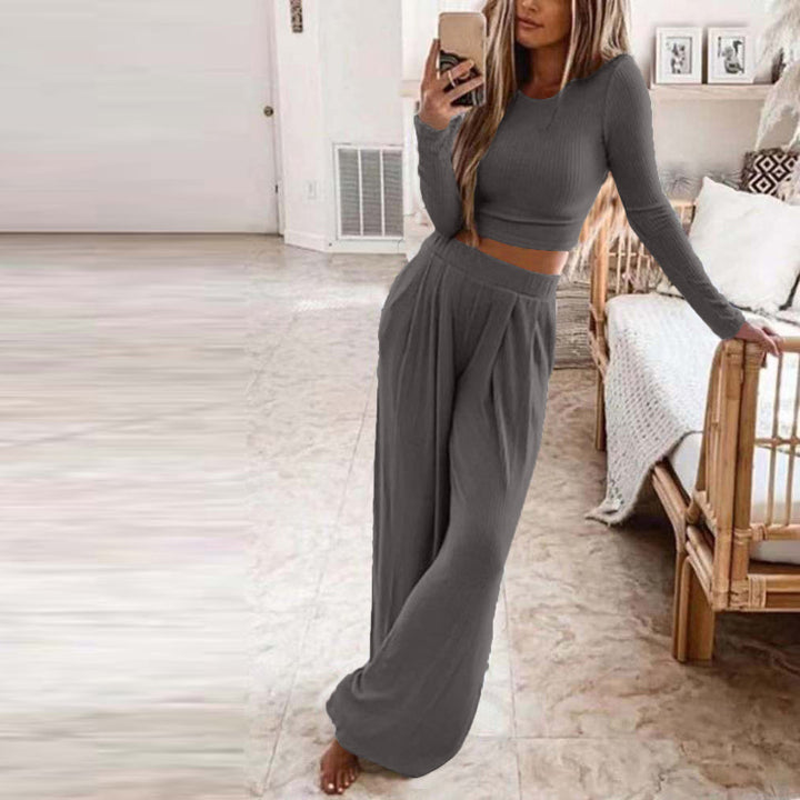Women's Solid Color Knitted Casual Home Two-Piece Suit Charcoal grey