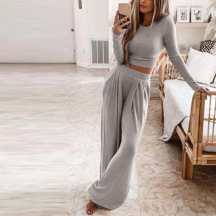 Women's Solid Color Knitted Casual Home Two-Piece Suit Grey