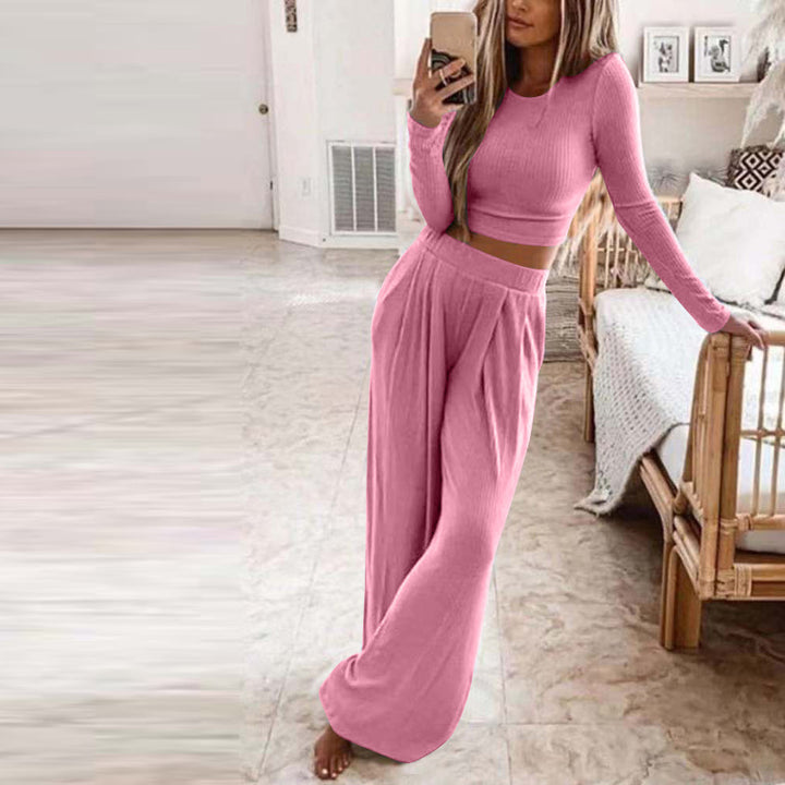 Women's Solid Color Knitted Casual Home Two-Piece Suit Pink