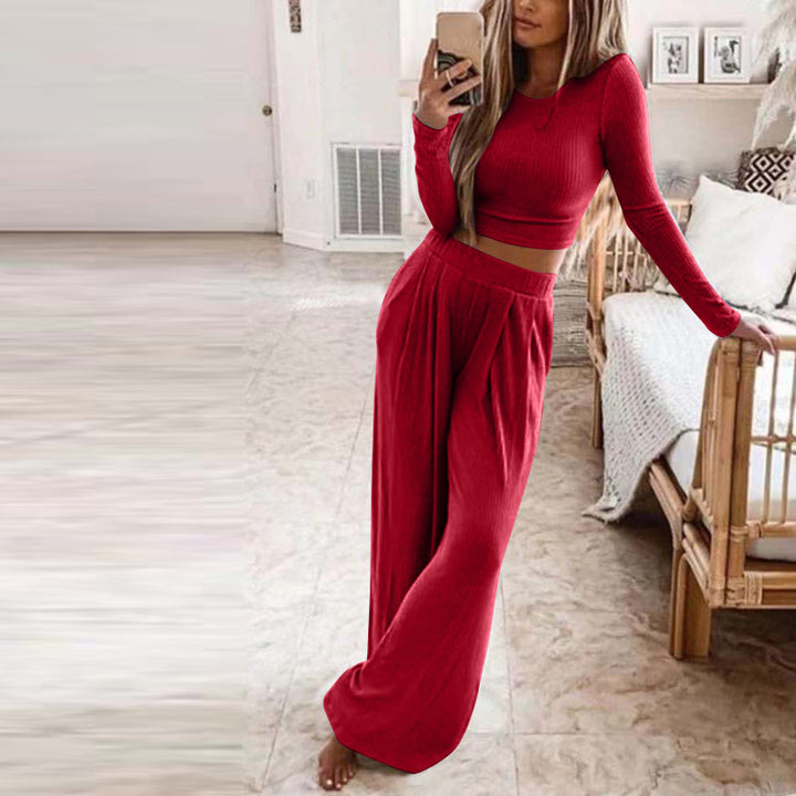 Women's Solid Color Knitted Casual Home Two-Piece Suit Red