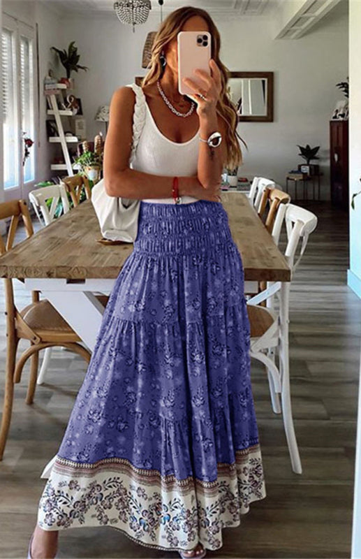 Ladies Casual Fashion Boho Print Skirt Blue