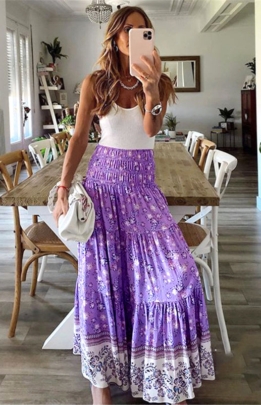 Ladies Casual Fashion Boho Print Skirt Purple
