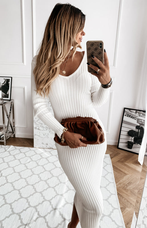 Autumn Winter Solid Long Sleeve Dress Raw white off white