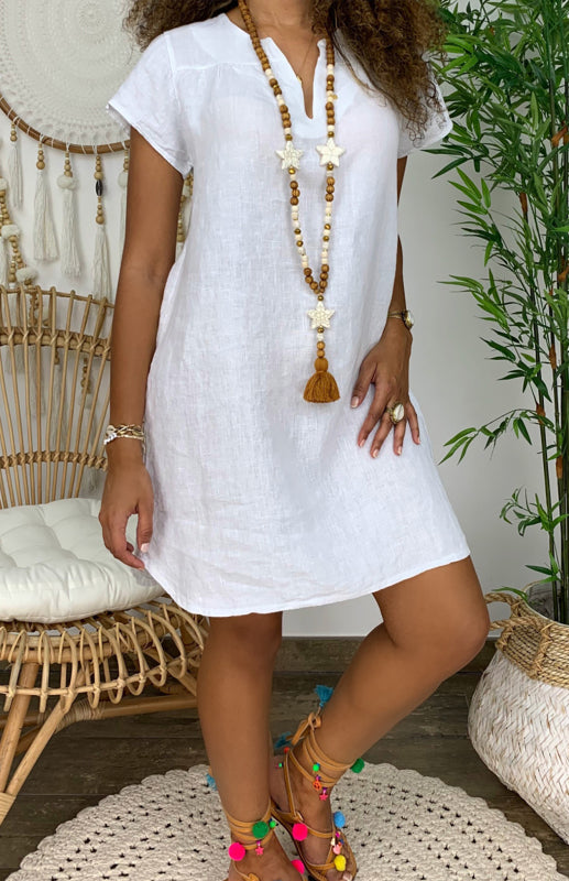 Women's Solid Color Split Neckline Linen Blend Dress Raw white off white