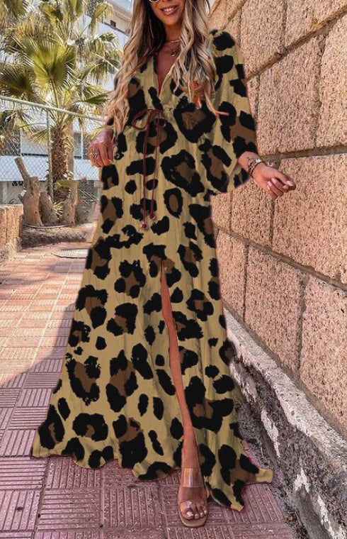 Women's Floral Print Chiffon Midi Slit Dress Khaki XL