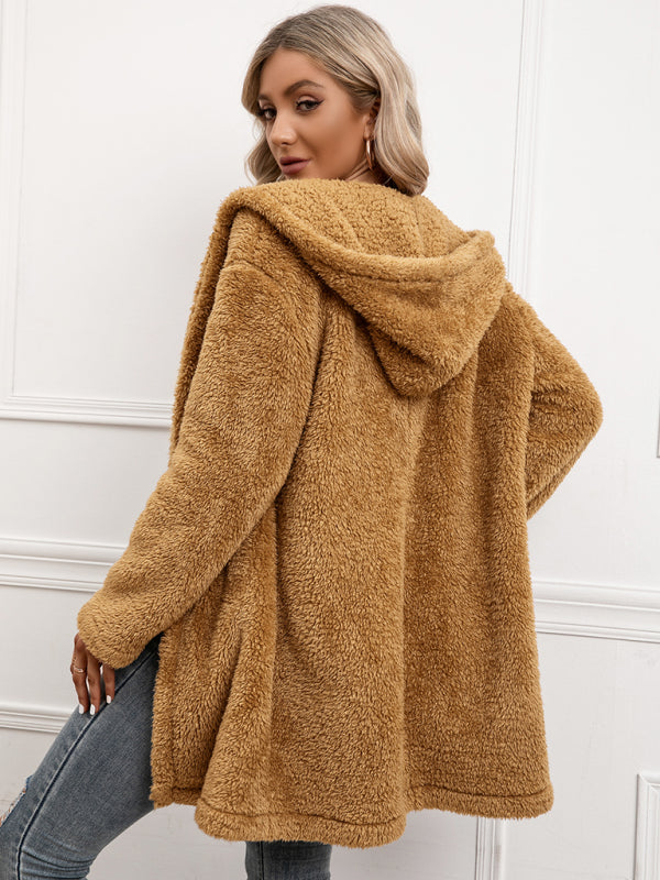 Women's Lamb Fleece Mid Length Cardigan Hooded Trench Coat