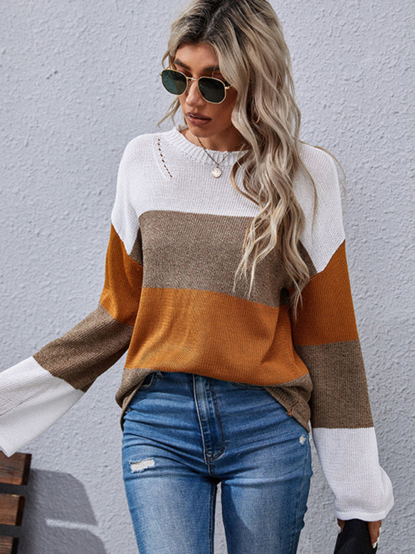 women's autumn and winter loose stitching long sleeve sweater Coffe