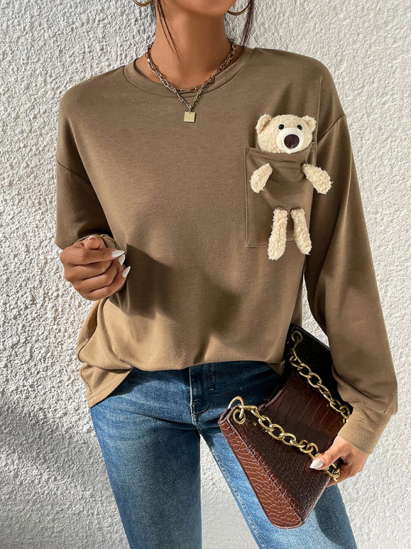 Woman'S' New Tops Fall And Winter Casual Round Neck Bear Long-Sleeved T-Shirt Camel